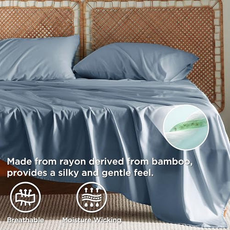 Bedsure King Size Sheets Set, Cooling Sheets for Hot Sleepers, Rayon Derived from Bamboo, Breathable & Soft, Deep Pocket Up to 16 Inches, Hotel Luxury Silky Bedding, Dusty Blue Bedsure