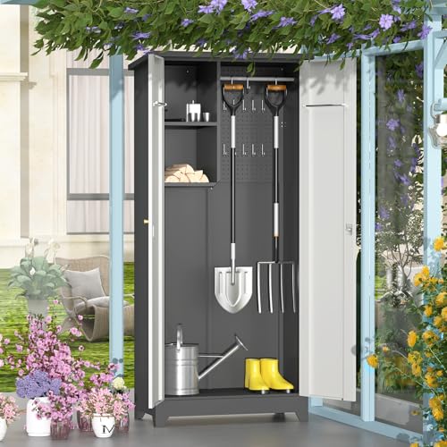 SAFEFEVER Outdoor Metal Storage Cabinet,Garden Storage Cabinet with Waterproof Coating,Waterproof Lockable Storage Cabinets for Garden,Backyard,Lawn,Dark Gray+White SAFEFEVER