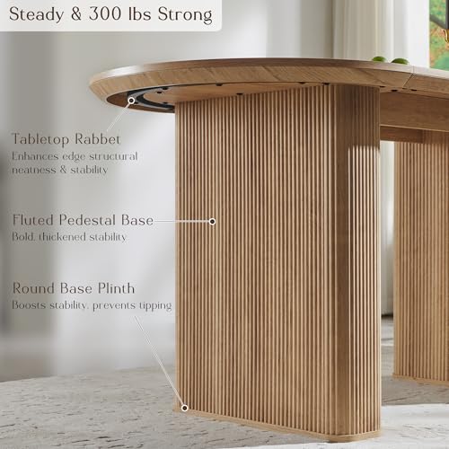T4TREAM 63" Fluted Oval Dining Table for 4-6, Mid-Century Modern Kitchen Table with Thickened Edge & Strip Pedestal Base, Wood Luxury Table for Dining Room/Kitchen/Home Office,Natural Oak(Table Only) T4TREAM