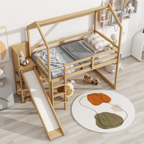 Harper & Bright Designs Kids Twin House Loft Bed with Slide, Storage Shelves, and LED Light - WoodArtSupply