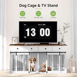Real Relax 71” Large Dog Crate Furniture for 1 or 2 Dogs with Sliding Door, Heavy Duty Dog Kennel Furniture for Small/Medium Dogs with 4 Bowls, Dog Cage with Steel Frame, White Real Relax