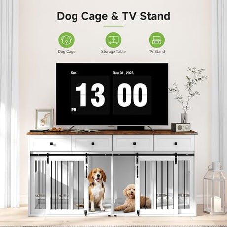 Real Relax 71” Large Dog Crate Furniture for 1 or 2 Dogs with Sliding Door, Heavy Duty Dog Kennel Furniture for Small/Medium Dogs with 4 Bowls, Dog Cage with Steel Frame, White Real Relax