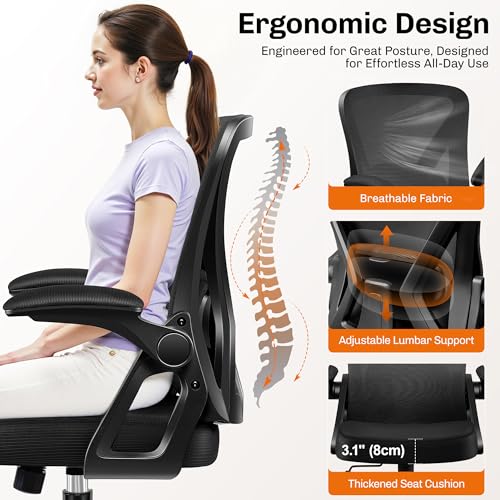 Office Chair, Ergonomic Home Computer Desk Chairs, Comfy Breathable Mesh Chair with Adjustable Lumbar Support Flip-up Armrests, Executive Task Chair with High Back for Home Office Rolling Swivel Chair BestGlory