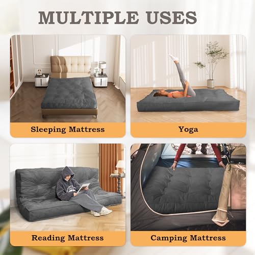 DHMAKER 8-inch Futon Mattress Queen Size, Thick Futon Sofa Couch Bed Foldable Floor Sleeping Pad for Adults, Portable Floor Bed Mattress, Velvet Tatami Mat (Frame Not Included), Deep Grey, 60"x80" DHMAKER