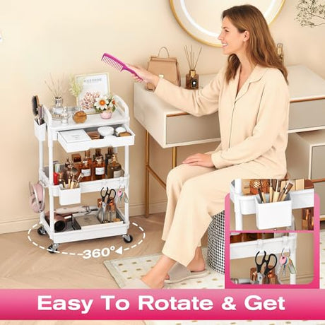 Goovilla Rolling Makeup Organizer Cart with Removable Drawer, 3 Tier Stable White Floor Skincare Storage Cart for Vanity, Cosmetic Display, Nail Polish, Perfume, Hair Stuff, Beauty, Bathroom(Plastic) Goovilla