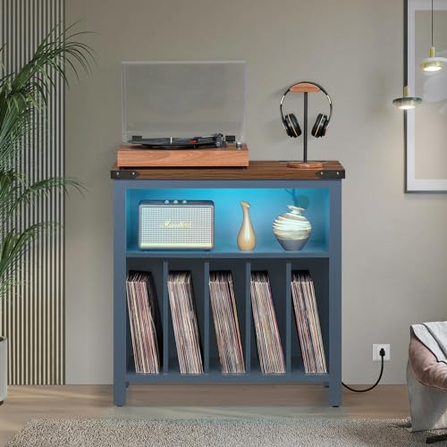 Joaxswe Large Record Player Stand with Charging Station & LED Lights, Vinyl Records Storage Holder Cabinet Holds up to 230 Albums, Turntable Stand for Music Room, Bedroom, Living Room, Office (Blue) Joaxswe
