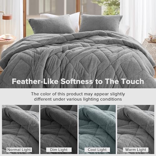 Comfort Spaces Queen Comforter Set Reversible Feather-Soft Plush Comforters for Queen Size Bed All Season Lightweight Shearling Fleece Sherpa Comforter Queen Size Bed Set, Full/Queen, Grey 3 Piece Comfort Spaces