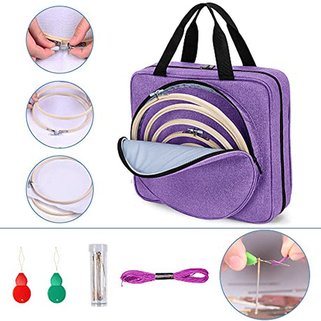 LoDrid Embroidery Kit, Embroidery Project Bag with Embroidery Kit, Portable Craft Carry Case with Starter Kit, Embroidery Supplies Storage Bag and Cross Stitch Kits for Beginner, Adults, Purple LoDrid