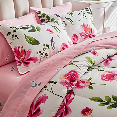 Shxime Floral Comforter Set 7 Pieces White with Green Leaves Pink Flowers Bed in a Bag King Size Reversible Bedding Set (1 Comforter 2 Pillow Shams 1 Flat Sheet 1 Fitted Sheet 2 Pillowcases) Shxime