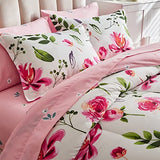 Shxime Floral Comforter Set 7 Pieces White with Green Leaves Pink Flowers Bed in a Bag King Size Reversible Bedding Set (1 Comforter 2 Pillow Shams 1 Flat Sheet 1 Fitted Sheet 2 Pillowcases) Shxime