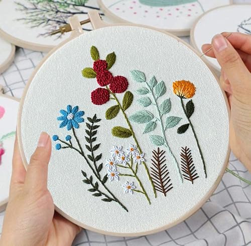Huacan Embroidery Kits for Adults Beginner - 4 Pcs Floral Pattern Stitching Printed Bouquet DIY Sewing Kit 7.9 x 7.9 Inch (Bouquet 3)