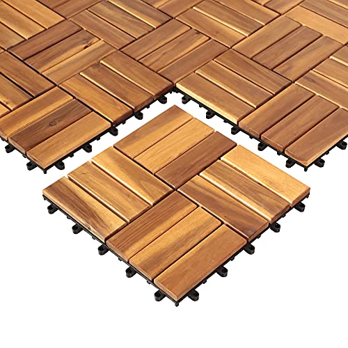 Deck Tiles Interlocking 30 Pack Solid Wood Outdoor Flooring Waterproof 12"X12" for Patio Porch Garden Balcony Poolside