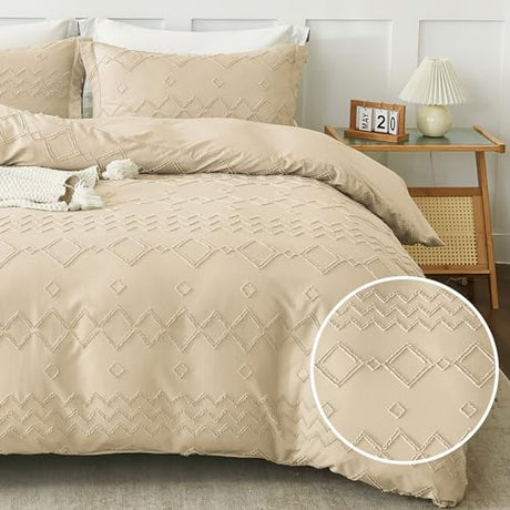 EMME Boho Duvet Cover Set - Tufted Comforter Set with Boho Embroidery, All-Season Bedding for Twin, 1 Duvet + 1 Pillowcase (Beige) EMME