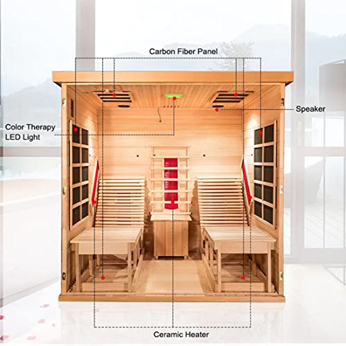 iDOTODO Infrared Wooden Sauna Room with Recliner, 2 Person Infrared Home Sauna, 220V，3400W, 5 Heating Tubes, 4 Carbon Crystal Heating Panel, Bluetooth Speakers, 7 Color Light, Oxygen Bar iDOTODO