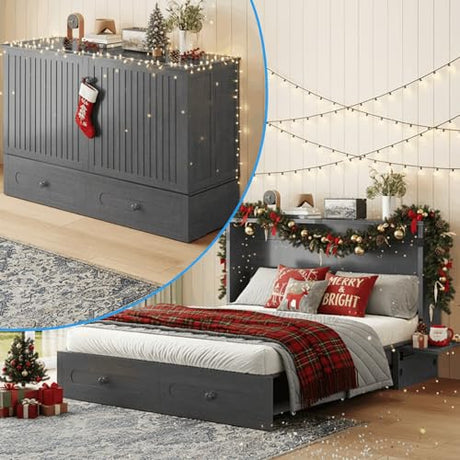 PUREMIND Murphy Bed Queen with Mattress Included - Solid Wood - Hideaway Cabinet Bed with Storage Drawers, USB Charging Ports - Space Saving Wallbed for Home, Guest Room, Gray PUREMIND