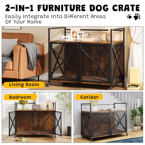 41 Inch Dog Crate Furniture, Heavy Duty Dog Kennel Table with 360° Swivel Wheels, Double Doors, 4 Latches, Vintage Farmhouse Dog House End Table for Large, Medium and Small Dogs, Brown Hipicute