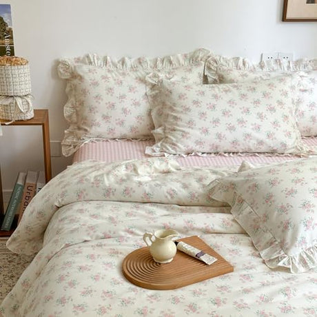 mixinni Pink Floral Duvet Cover Set Twin Size - 100% Cotton Ruffle Lace Bedding Set for Girls, Romantic Cottagecore Style Duvet Cover with Zipper Closure, Soft Aesthetic Princess Bedding-Twin mixinni