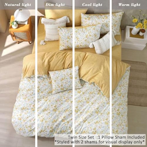 ALEISSEL Natural Cotton 2pcs Floral Comforter Sets Twin Size-Yellow Comforter with Pink & Yellow Flowers and Blue & Green Leaves on White, Reversible Lightweight Bedding Sets(Twin 68"×90") ALEISSEL