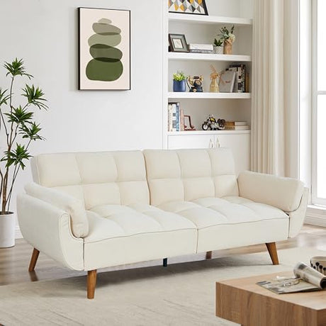 Betoko Convertible Futon Sofa Bed Sleeper Twin Size, Modern Reclining Linen Split Back Sofa Couch with Pillow Top Arm for Compact Living Room,Apartment (Beige) Betoko