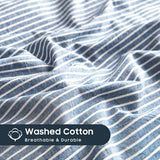 Wake In Cloud - Striped Cotton Duvet Cover Set, 100% Washed Cotton Textured Percale Bedding Set, Ticking Stripe Pinstripe Farmhouse, 3 Pieces, Denim Blue, Twin Size Wake In Cloud