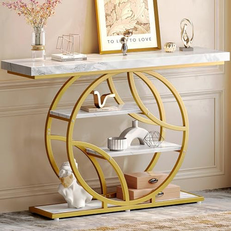 Huuger 47.2 Inch Entryway Table with Marble Top, Modern Console Sofa Table, Accent Table with Shelves, for Entry, Hallway, Entrance, Foyer, O-Shaped Metal Frame, White Marble & Gold Huuger