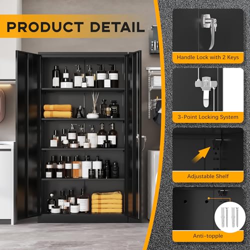 Greenvelly Metal Garage Storage Cabinet with 2 Doors and 4 Adjustable Shelves, 72" H Black Steel Lockable Storage Cabinet,Tall Metal Cabinet Locking File Cabinet for Office,Home, Garage, Gym, School Greenvelly