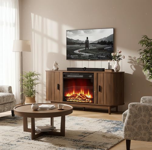 Jluomei Electric Fireplace TV Stand for 65 60 70 Inch TV, Fluted TV Stand, Entertainment Center with Storage, Wood Media Console Cabinet with Sliding Doors, Adjustable Shelves, Living Room, Walnut Jluomei