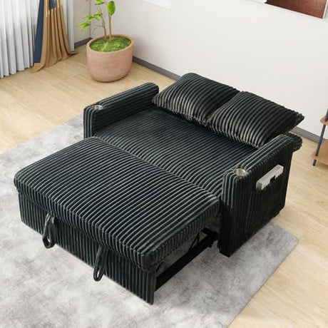 Hommoo Sleeper Sofa Couch with Pull Out Bed Convertible 3 in 1 Futon Lounge Sofa Small Love Seat for Living Room Apartment Comfy Corduroy Reclining Back with Cup Holder and USB Ports 53" Grey Hommoo
