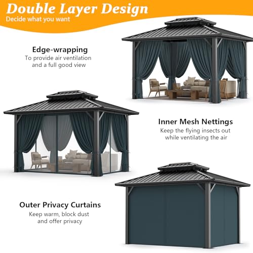 HOTEEL 10x12ft Hardtop Gazebo Heavy Duty Gazebo with Galvanized Steel Double Roof, Flame-Retardant Curtains and Netting, Aluminum Frame Permanent Outdoor Pavilion for Patio, Lawns and Backyar - WoodArtSupply