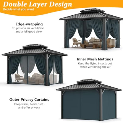 HOTEEL 10x12ft Hardtop Gazebo Heavy Duty Gazebo with Galvanized Steel Double Roof, Flame-Retardant Curtains and Netting, Aluminum Frame Permanent Outdoor Pavilion for Patio, Lawns and Backyar - WoodArtSupply