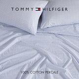Tommy Hilfiger - Sheet Set, Cotton Percale Bedding with Matching Pillowcases, Crisp & Cool, Premium Quality Home Essentials (Monogram Stripe Blue, Full) Tommy Hilfiger