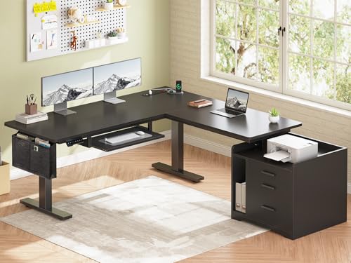 SEDETA L Shaped Electric Standing Desk with File Cabinet, 63 x 53'' Height Adjustable Home Office Computer Desk with Drawers, Power Outlet, Stand up Gaming Table with Led Lights, Keyboard Tray, Black SEDETA