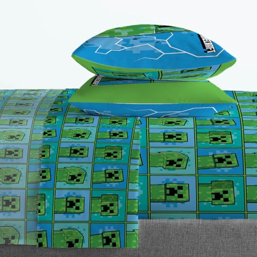Jay Franco Kids Sheet Set with Fitted, Flat Sheets & Pillow Cover - Ultra-Soft Bedding with Pillowcase for Room Decor, Blue - Minecraft Creeper, 4 Piece Queen Jay Franco