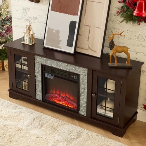 Hennhari TV Stand with Electric Fireplace & Storage Cabinet, Entertainment Center with 2 Glass Door, Faux Stone Media Console Table for Living Room (Cherry,58" with Fireplace) Hennhari
