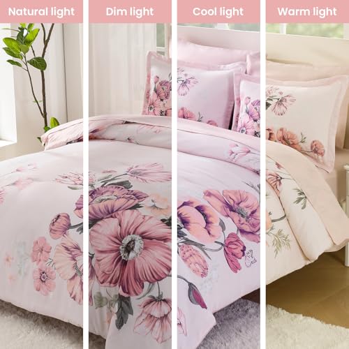 LLDSYW King Size Comforter Set - 7 Pieces Floral Comforter and Sheet Set, Pink King Size Bed in a Bag, Soft Microfiber Flower Complete Bedding Set for All Seasons（Pink,104"x90"） LLDSYW