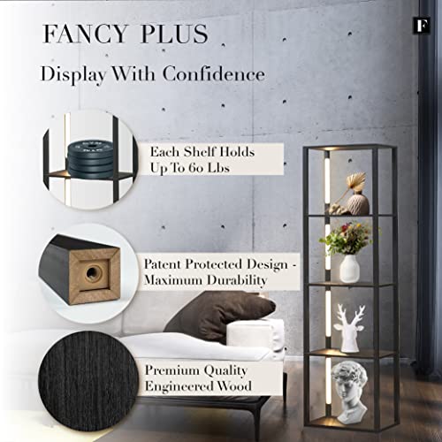 FENLO 64" Display Shelf with Dimmable LED Floor Lamps, Sturdy Display Cabinet with Shelves for Bedroom, Open Bookshelf Display Case with Corner Curio Cabinet, 3 Brightness Levels, Fancy Plus Black FENLO