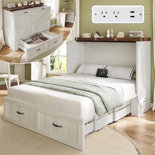 YITAHOME Full Size Murphy Bed with Charging Station, Cabinet Bed with Large Storage Drawer, Farmhouse Multi-Functional Murphy Cabinet Bed Frame for Bedroom or Guest Room, Noise-Free, Rustic White YITAHOME