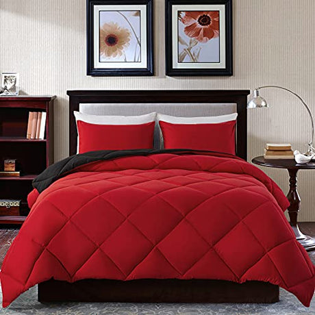 Decroom Lightweight Full Comforter Set with 2 Pillow Sham - 3 Pieces Set - Quilted Down Alternative Comforter/Duvet Insert for All Season - Red/Black - Full Size Decroom