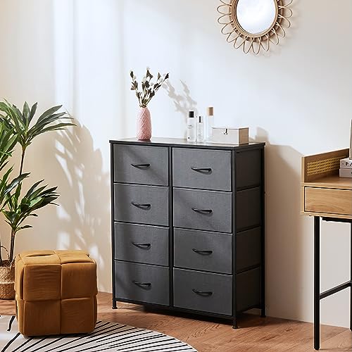 DUMOS 8 Drawer Dresser for Bedroom, Fabric Storage Organizer with Sturdy Metal Frame, Wooden Top Chest of Drawers for Closet Entryway Guest Room, Grey DUMOS