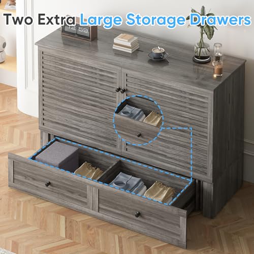 Mjkone Queen Murphy Bed Cabinet with Folding Mattress, Chest Cabinets Wall Beds with Storage Drawer and Built in Sockets & USB Ports, Sleeping Arrangement for Multipurpose Guest Room Home Office, Grey Mjkone