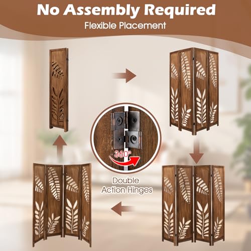 Giantex Boho Rustic Room Divider, 4 Panel Carved Leaf Folding Wood Screen, Fully Assembled, 67'' Freestanding Privacy Partition Decorative Wall, Foldable Room Separator for Bedroom, Brown Giantex