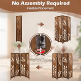 Giantex Boho Rustic Room Divider, 4 Panel Carved Leaf Folding Wood Screen, Fully Assembled, 67'' Freestanding Privacy Partition Decorative Wall, Foldable Room Separator for Bedroom, Brown Giantex