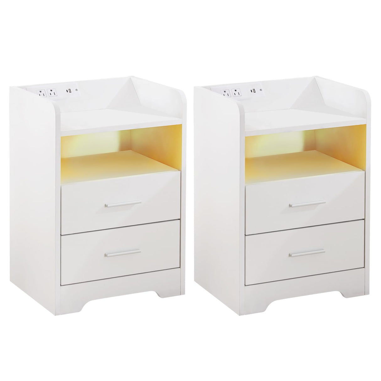 Mellolivin Nightstand Set of 2 with Charging Station and LED Lighting, White Night Stand with 2 Drawers, Modern Wood Nightstand, Bedside Table, End Table for Bedroom and Living Mellolivin