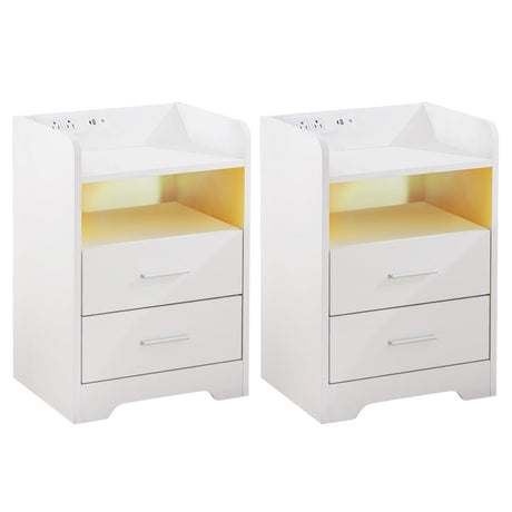 Mellolivin Nightstand Set of 2 with Charging Station and LED Lighting, White Night Stand with 2 Drawers, Modern Wood Nightstand, Bedside Table, End Table for Bedroom and Living Mellolivin