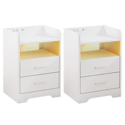 Mellolivin Nightstand Set of 2 with Charging Station and LED Lighting, White Night Stand with 2 Drawers, Modern Wood Nightstand, Bedside Table, End Table for Bedroom and Living