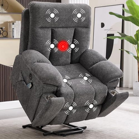 CANMOV Large Power Lift Recliner Chair with Massage and Heat for Elderly Big and Tall People, Overstuffed Wide Recliners with 2 Cup Holders, Side Pocket and USB Port, Dark Grey CANMOV