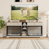 GarveeHome 82" Double Dog Crate Furniture, Large Dog Kennel Indoor for 2 Dogs, Heavy Duty Wooden Dog Crate TV Stand with 4 Drawers and Shelves, Washed White GarveeHome