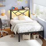 ChicZhiNest Twin Size Black Metal Bed Frame with USB Charging Station, LED Ambient Lighting, and Wooden Storage Headboard - Includes Under-Bed Storage, No Box Spring Needed, Noise Free, Easy Assembly ChicZhiNest