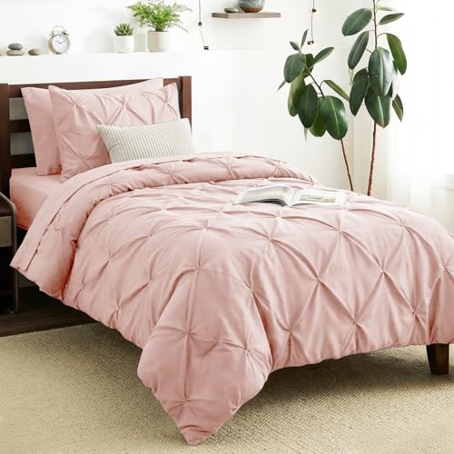 CozyLux Twin XL Comforter Set Blush Pink, 5 Pieces Twin Extra Long Pintuck Bed in A Bag for College Dorm, Pinch Pleat Bedding Set with Comforter, Sheets, Pillowcase & Sham CozyLux