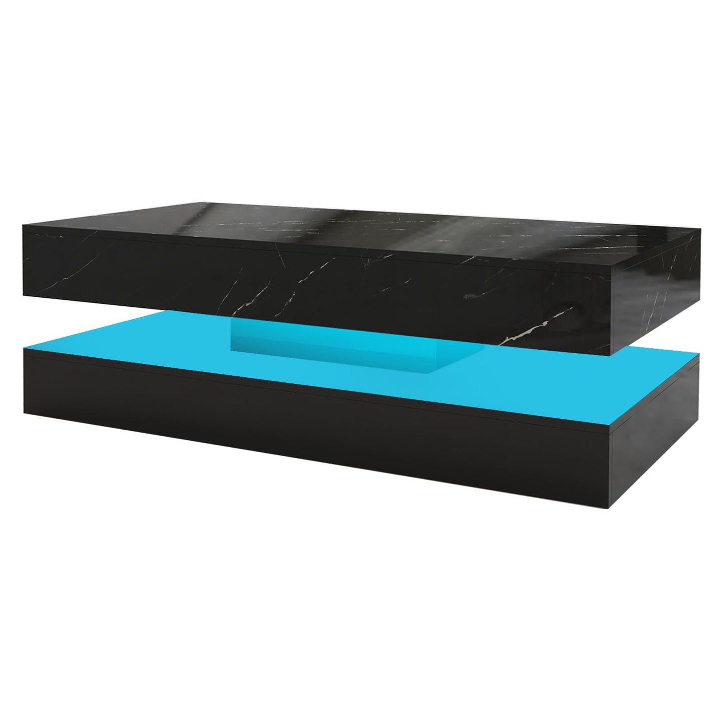 HOMFAMILIA LED Coffee Table with 2 Storage Drawers, Modern High Gloss Black Coffee Table w/20 Colors LED Lights, 2 Tiers Rectangle Center Table for Living Room with Marbling Print, APP Contro - WoodArtSupply